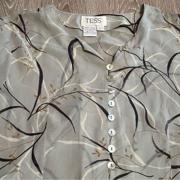 Vintage 100% Silk Floral Print Tunic Long Sleeve Button Up Split Hem Blue Top L - Picture 13 of 16